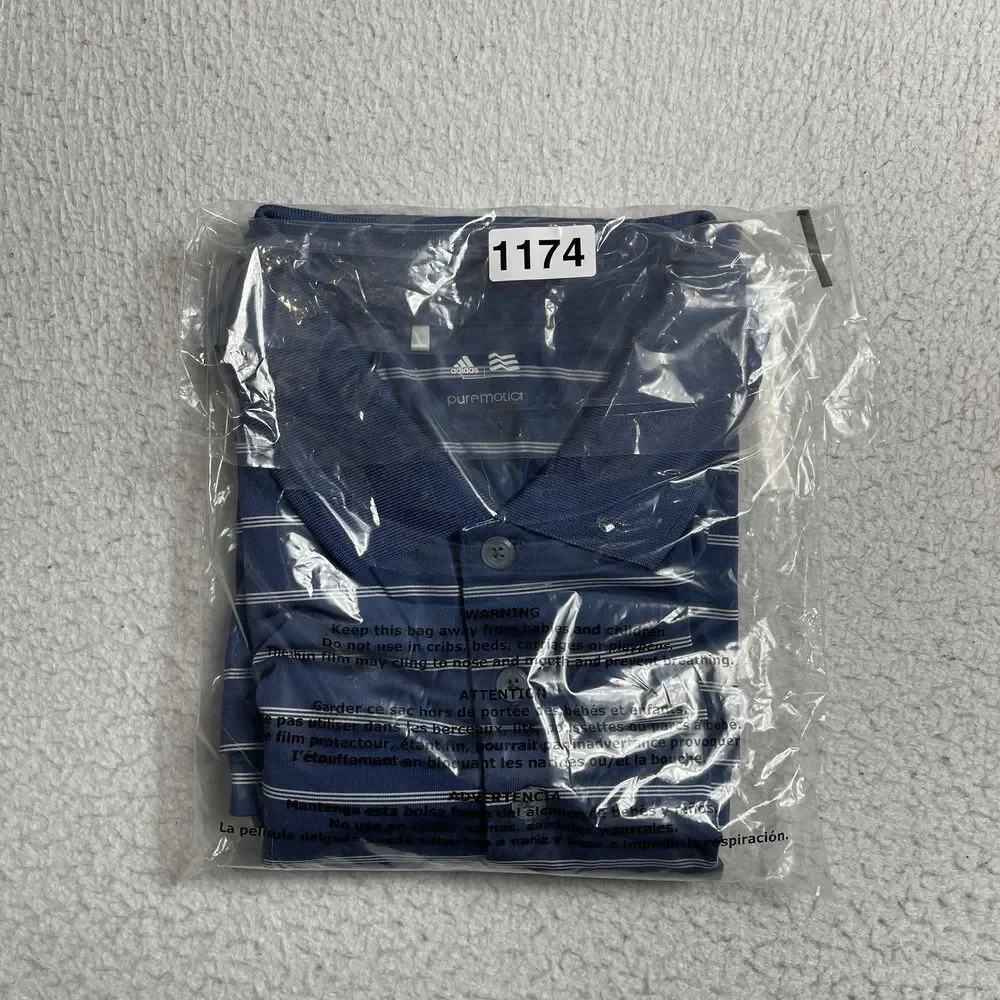 Adidas Polo Shirt Mens Large Navy Blue Striped Puremotion Long Bay Club Golf Top